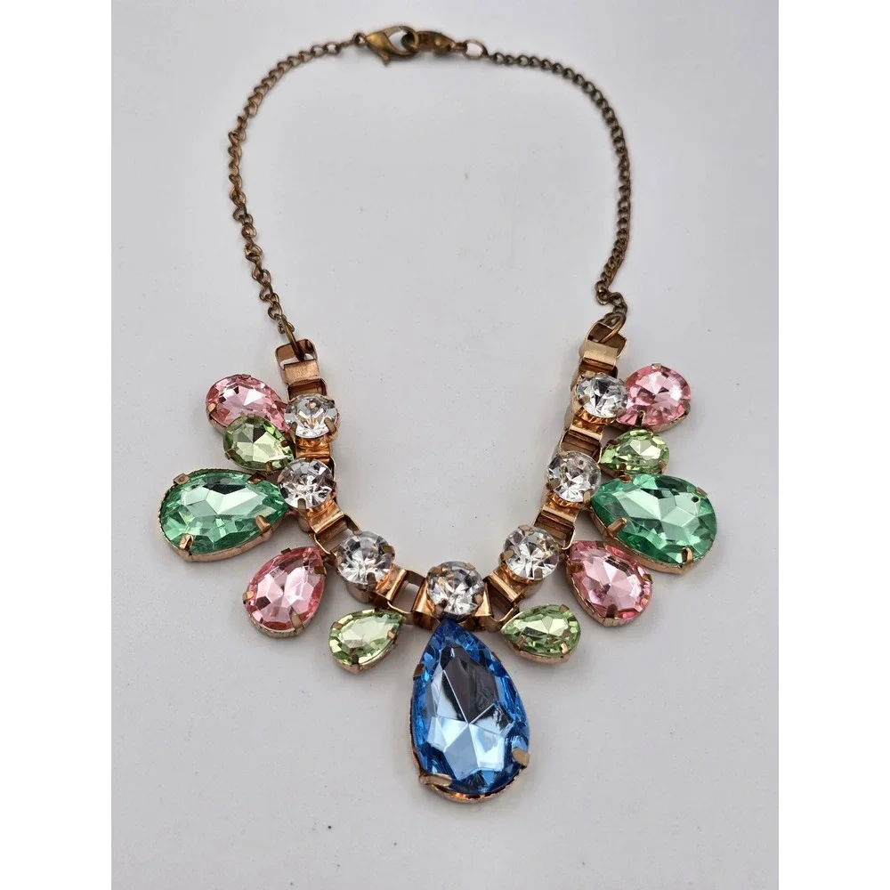 Multicolor‎ Statement Bib Necklace Gold Tone Teardrop Round Faceted Rhinestone